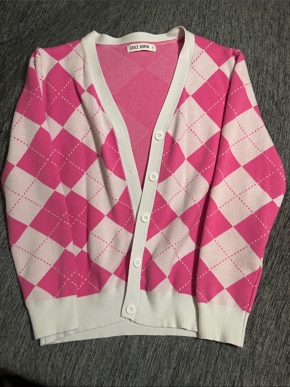 Grace Karin Hot Pink and White Argyle Button Cardigan